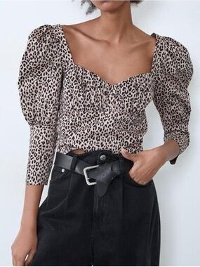 Zara Leopard/Cheetah Puff Sleeve Top